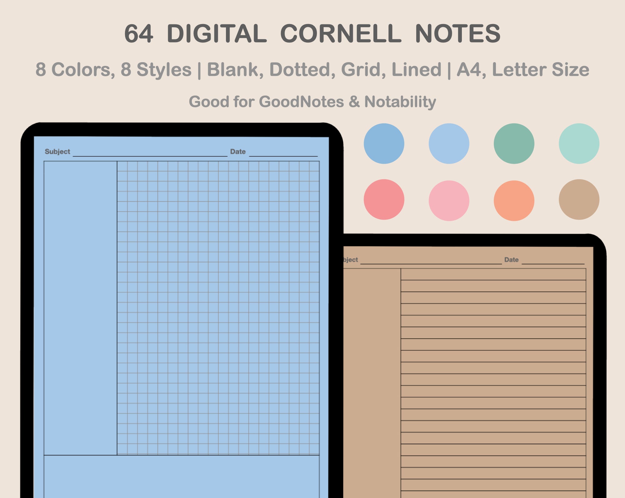 Digital Note Taking Template Goodnotes Paper Template 12 Digital Notes  Pages, Digital Notebook for iPad Pastel Cornell GRID 