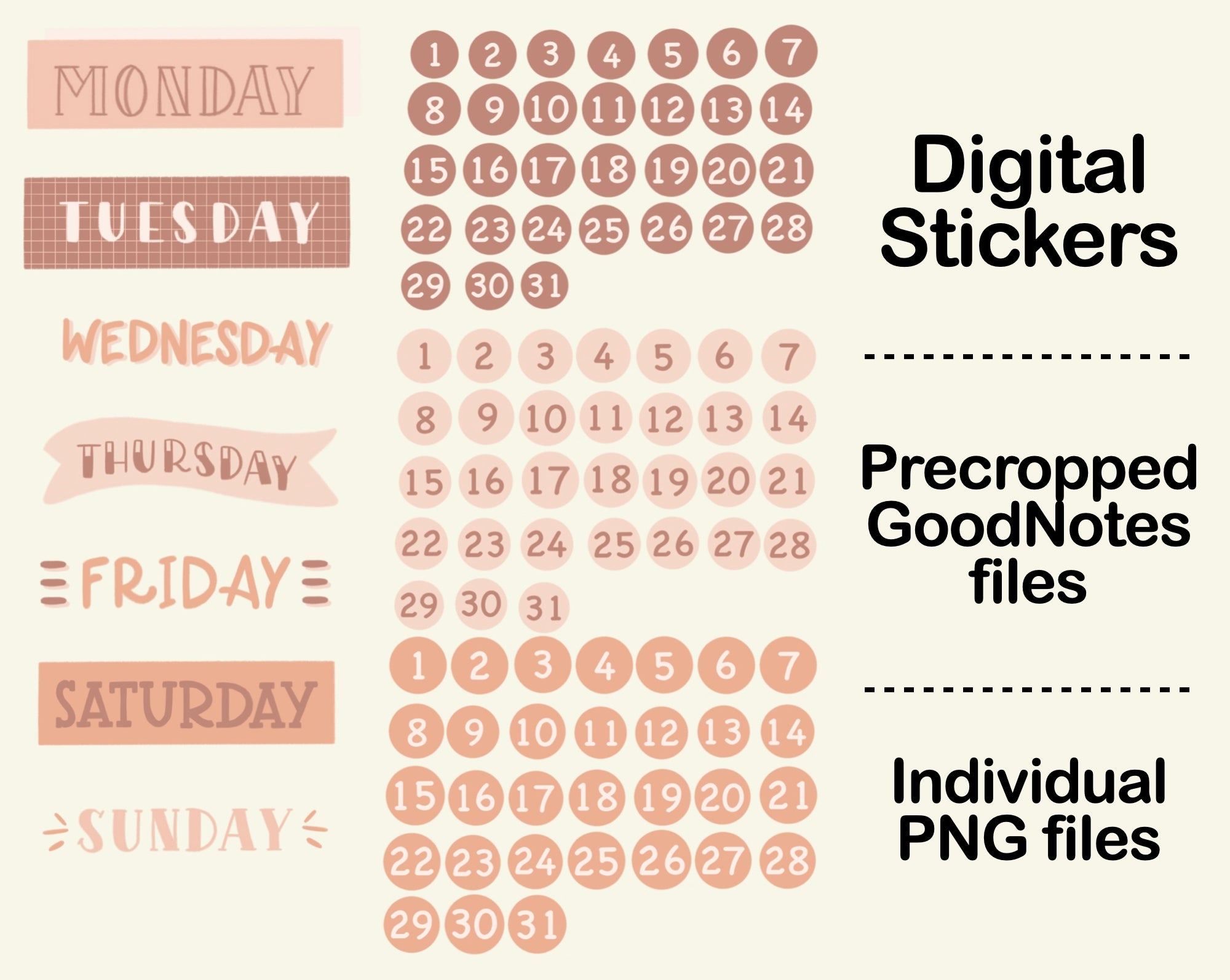 Colorful 1-31 Circle Number Digital Stickers, 1-31 Date Stickers, 1-31 Number  Stickers, Digital Planner Stickers, Goodnotes PNG Stickers 