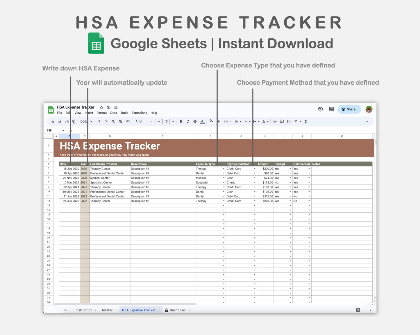 Google Sheets - HSA Expense Tracker - Earthy