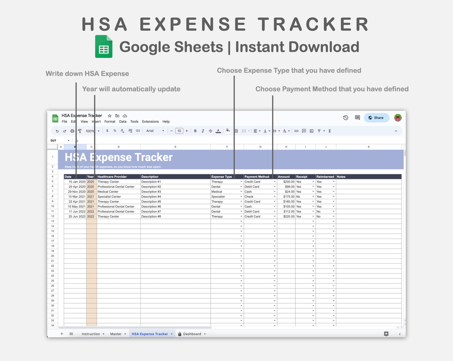 Google Sheets - HSA Expense Tracker - Sweet