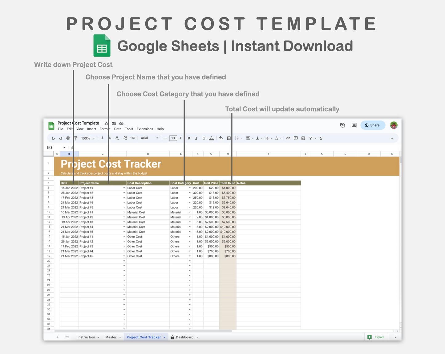 Google Sheets - Project Cost Template - Boho