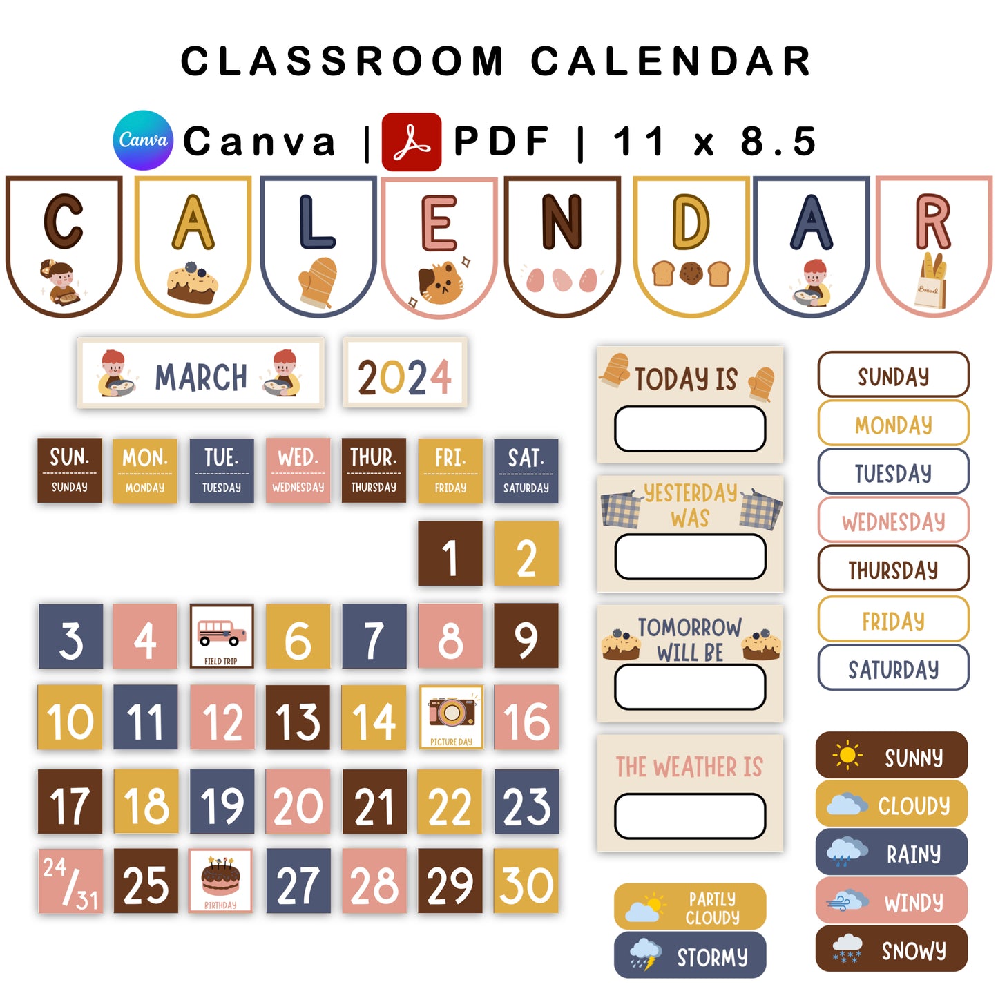 Classroom Calendar - Brown Bakery Theme | Editable