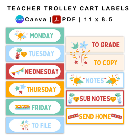 Teacher Trolley Cart Labels - Colorful Doodle Theme | Editable