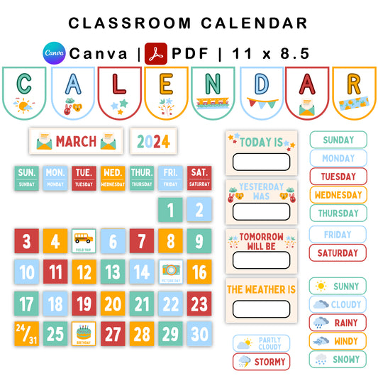 Classroom Calendar - Colorful Doodle Theme | Editable