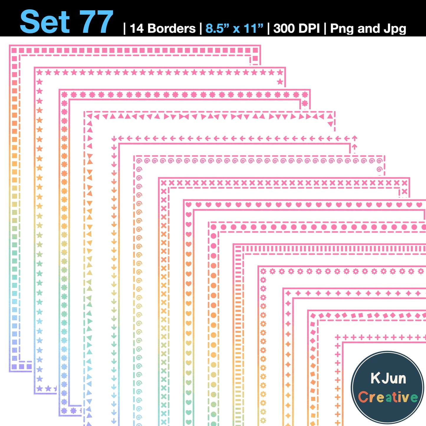 Border Clipart Set 77 - Pastel Rainbow - Page Borders and Frames