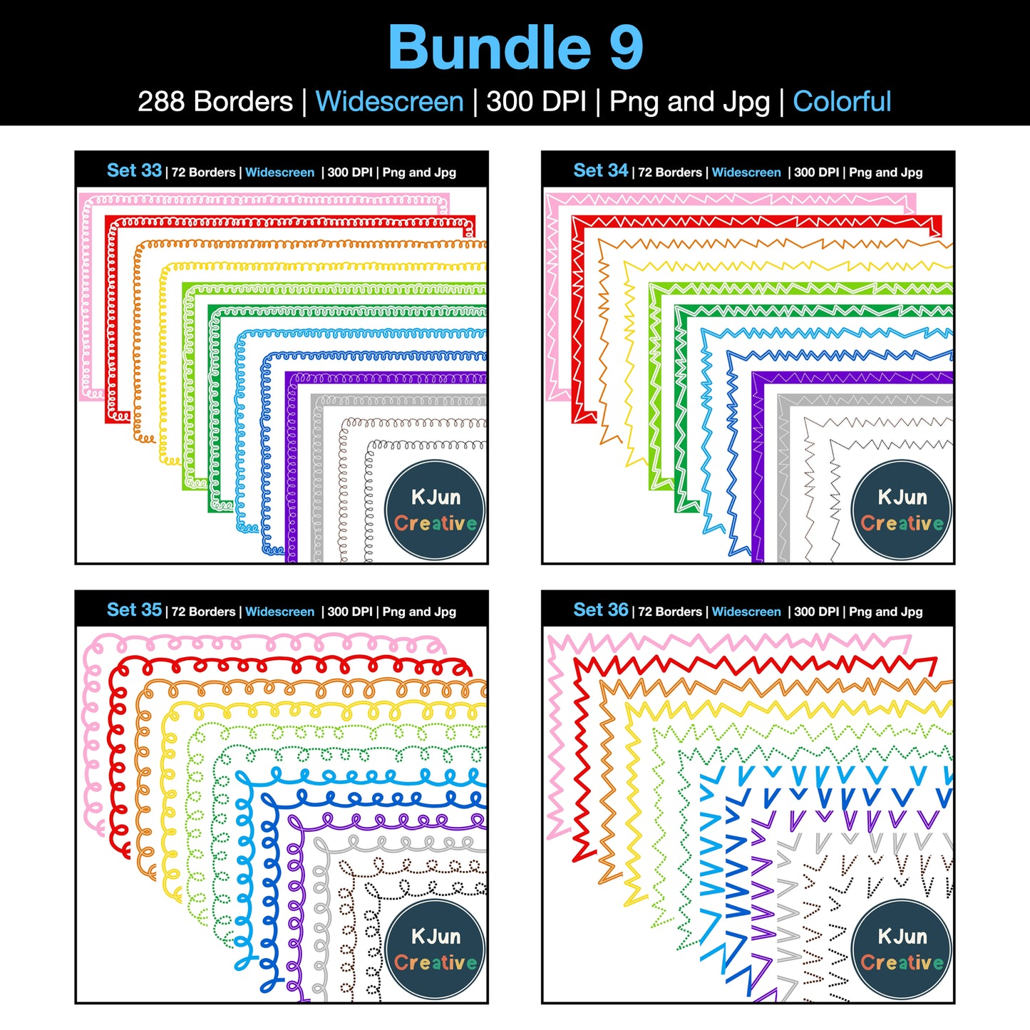 Widescreen Border Clipart Bundle 9 - Colorful Curly and Zigzag - Google Slides