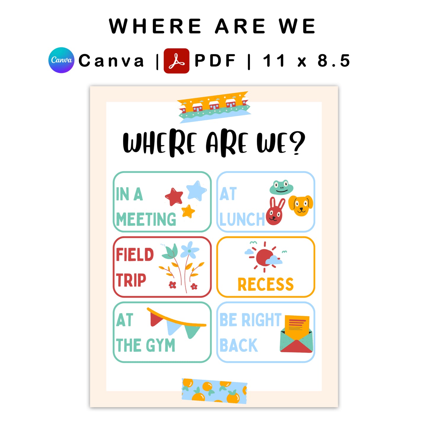 Where Are We Classroom Door Sign - Colorful Doodle Theme | Editable