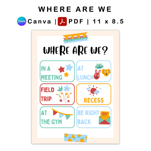 Where Are We Classroom Door Sign - Colorful Doodle Theme | Editable