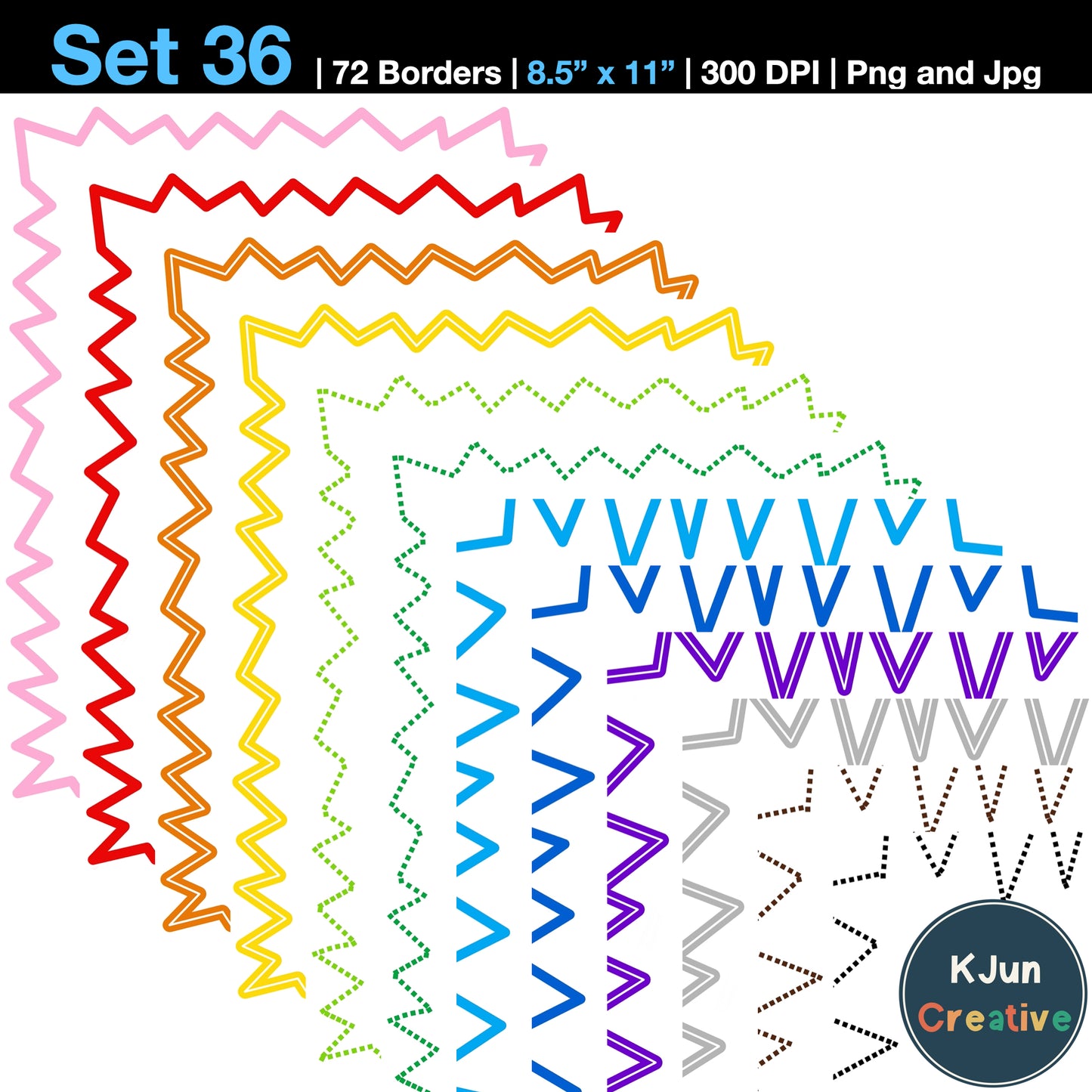 Border Clipart Set 36 - Colorful Zigzag - Page Borders and Frames