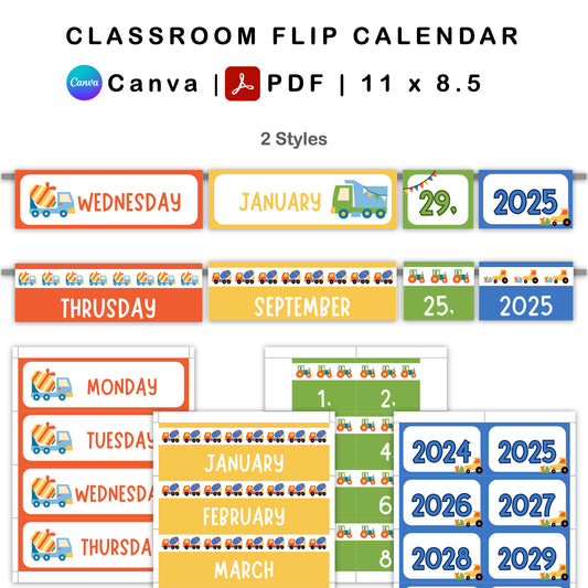 Classroom Flip Calendar - Blue Transportation Theme | Editable