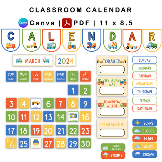 Classroom Calendar - Blue Transportation Theme | Editable