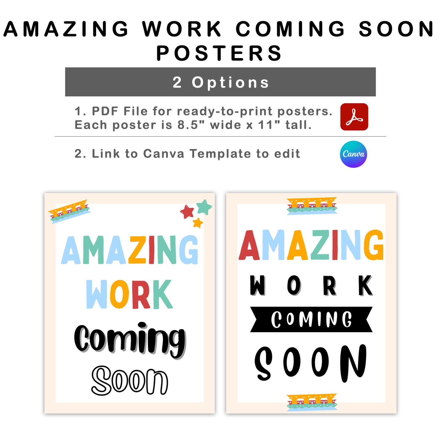 Amazing Work Coming Soon Posters - Colorful Doodle Theme | Editable