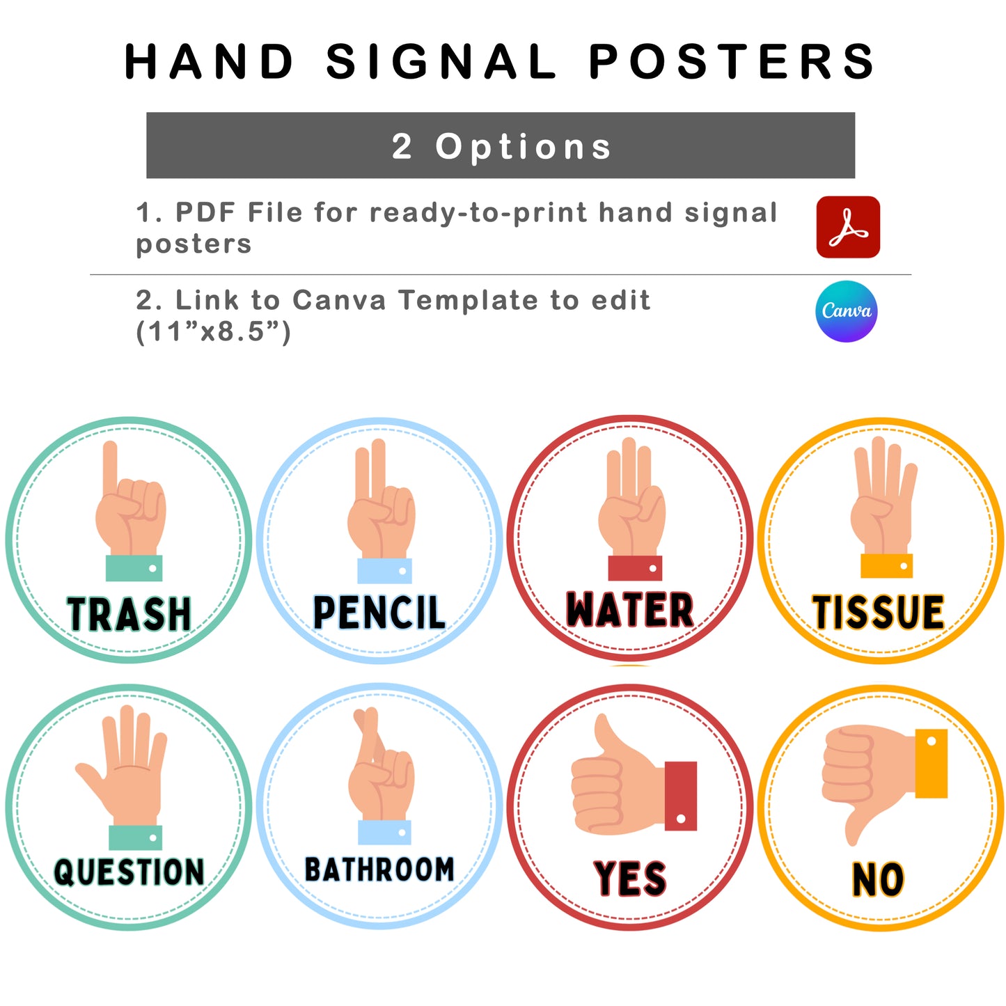 Hand Signal Posters - Colorful Doodle Theme | Editable