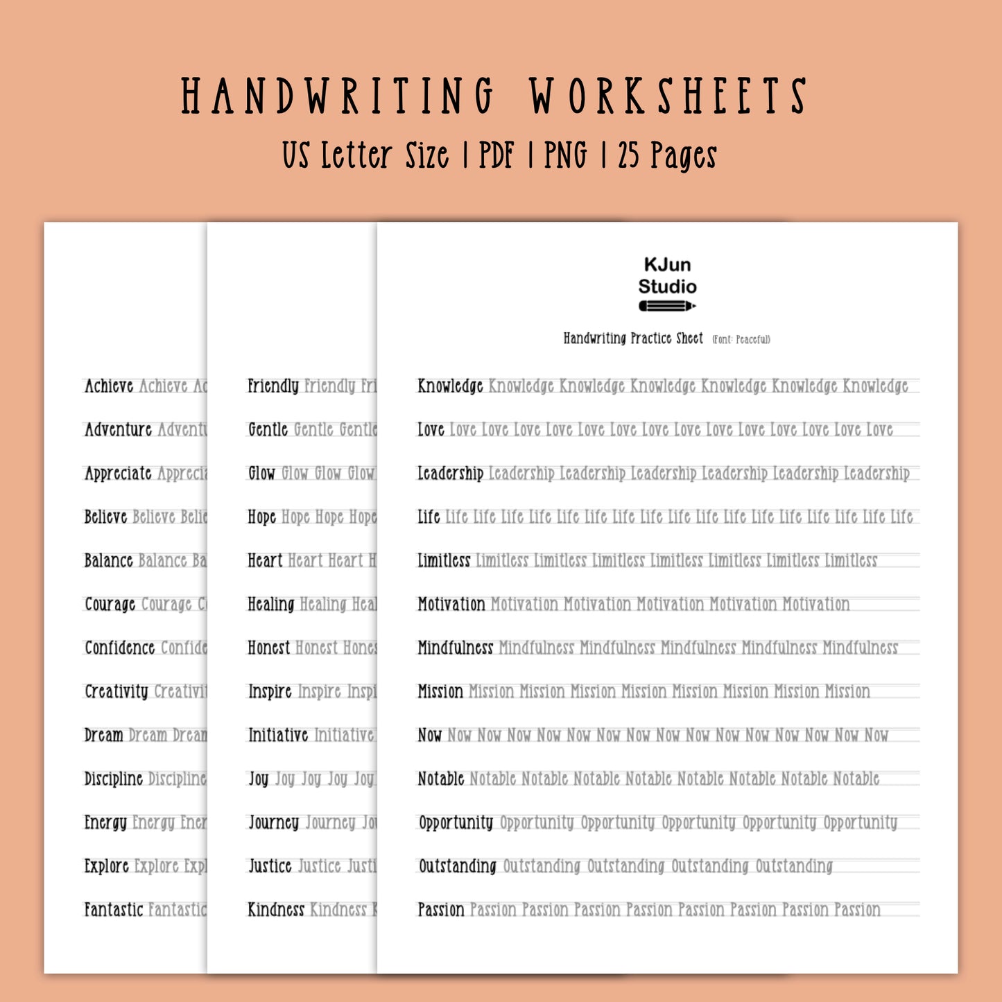 Handwriting Practice Sheets - Peaceful Font