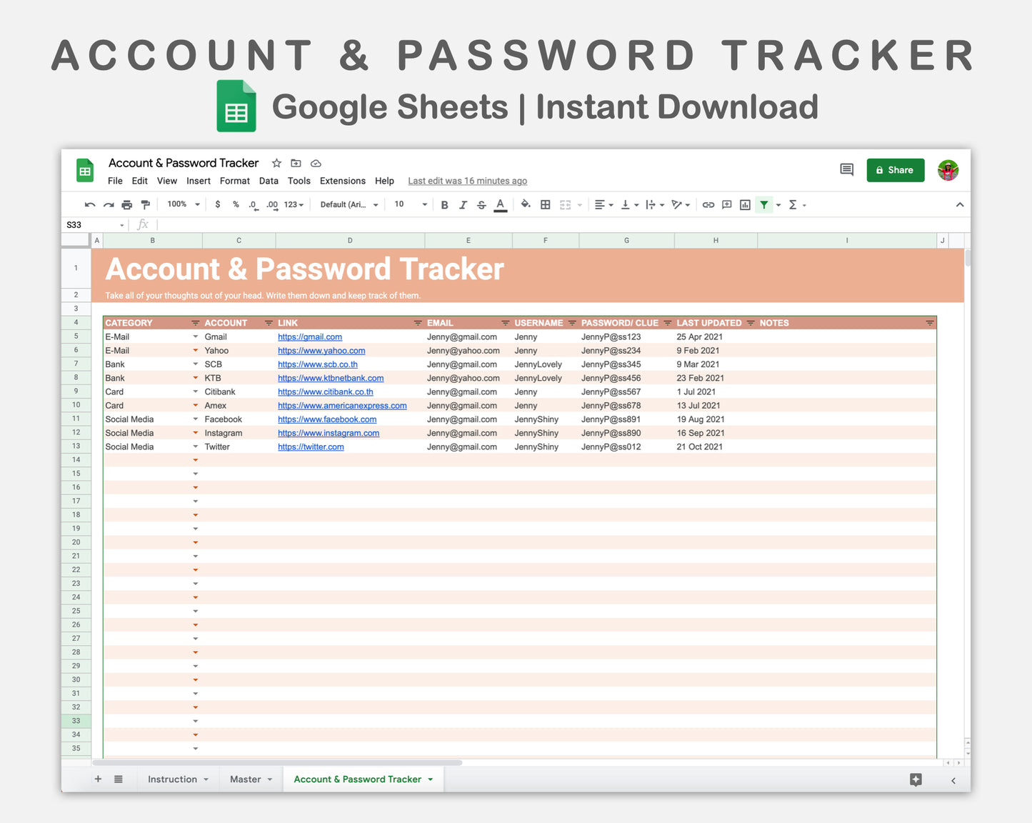 Google Sheets - Account & Password Tracker - Neutral