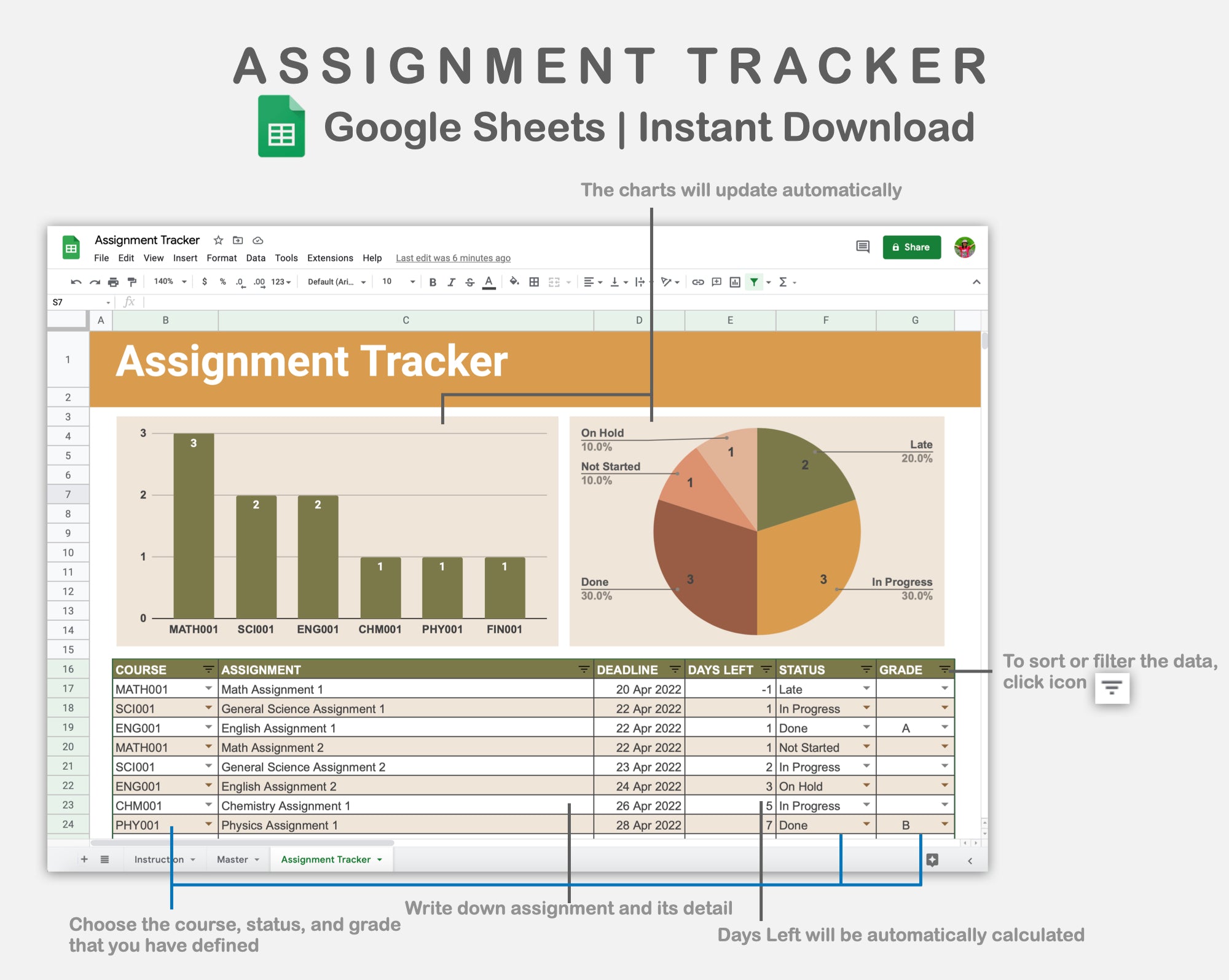 Google Sheets - Assignment Tracker - Boho – Kjunstudio