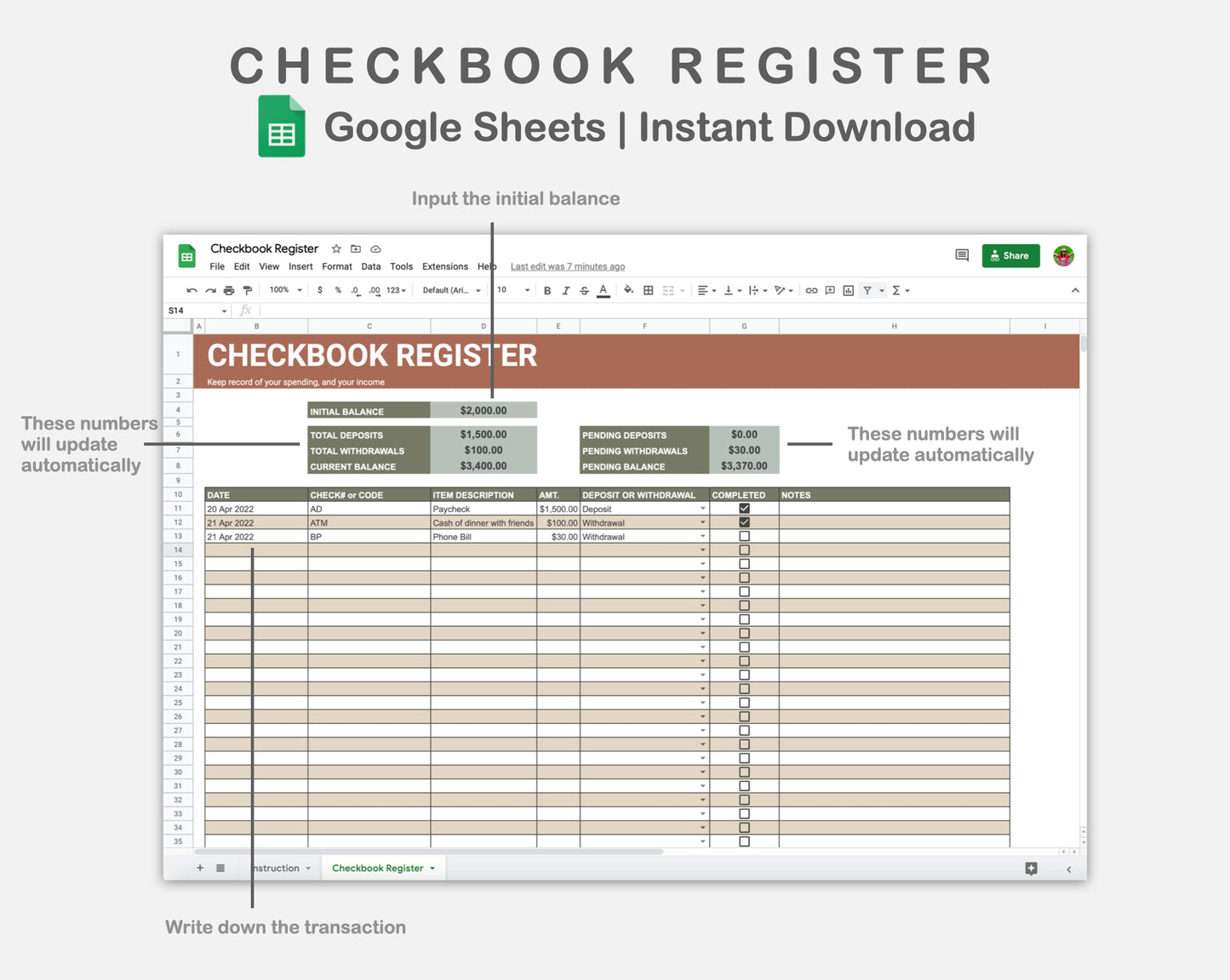 Google Sheets - Checkbook Register - Earthy