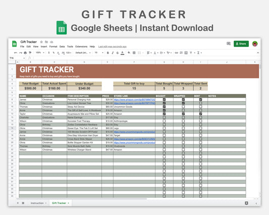 Google Sheets - Gift Tracker - Earthy