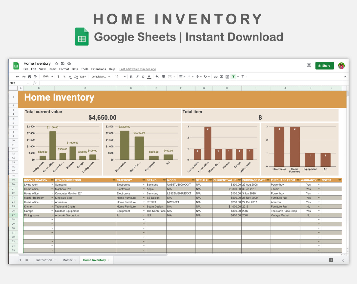 Google Sheets - Home Inventory - Boho