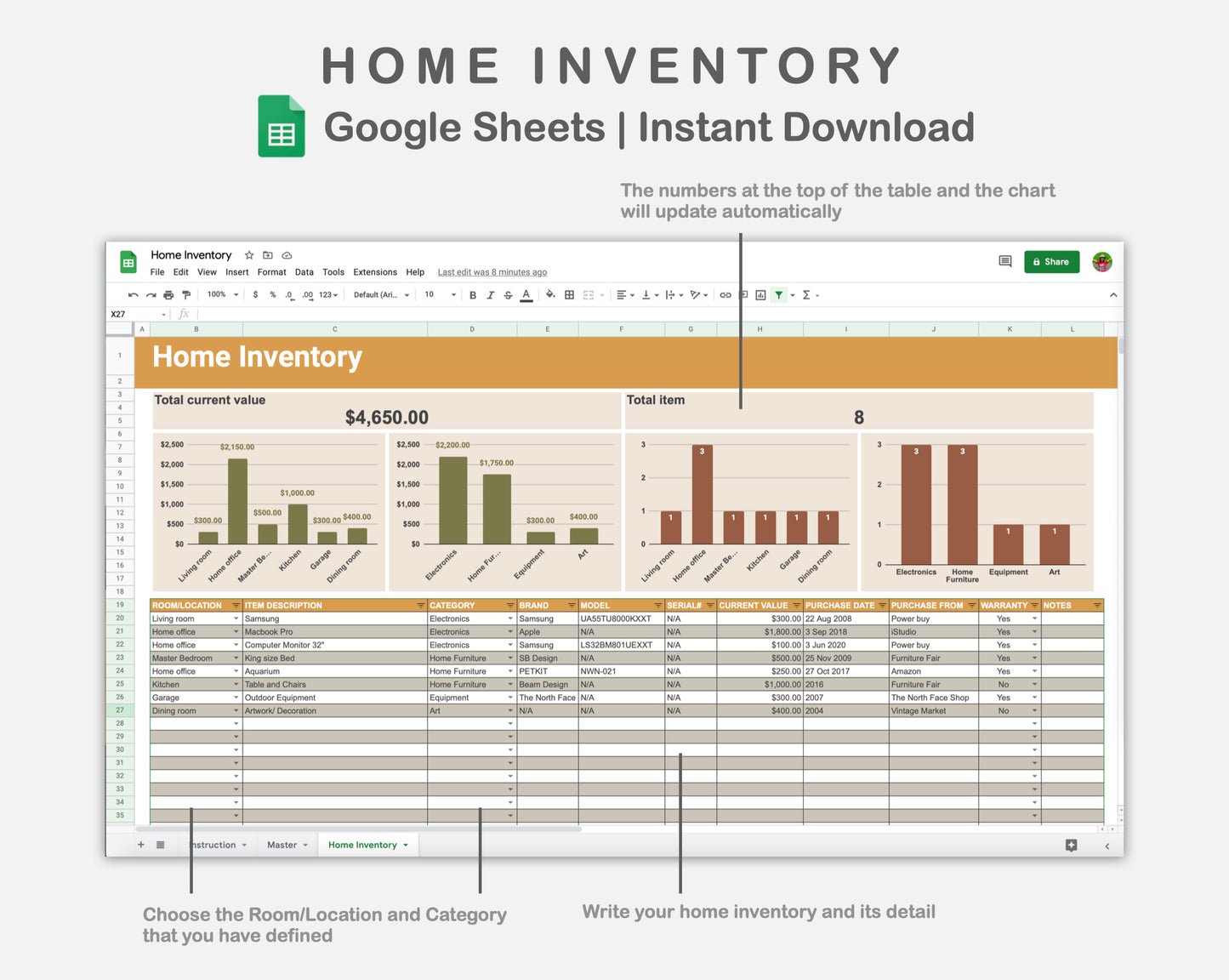 Google Sheets - Home Inventory - Boho