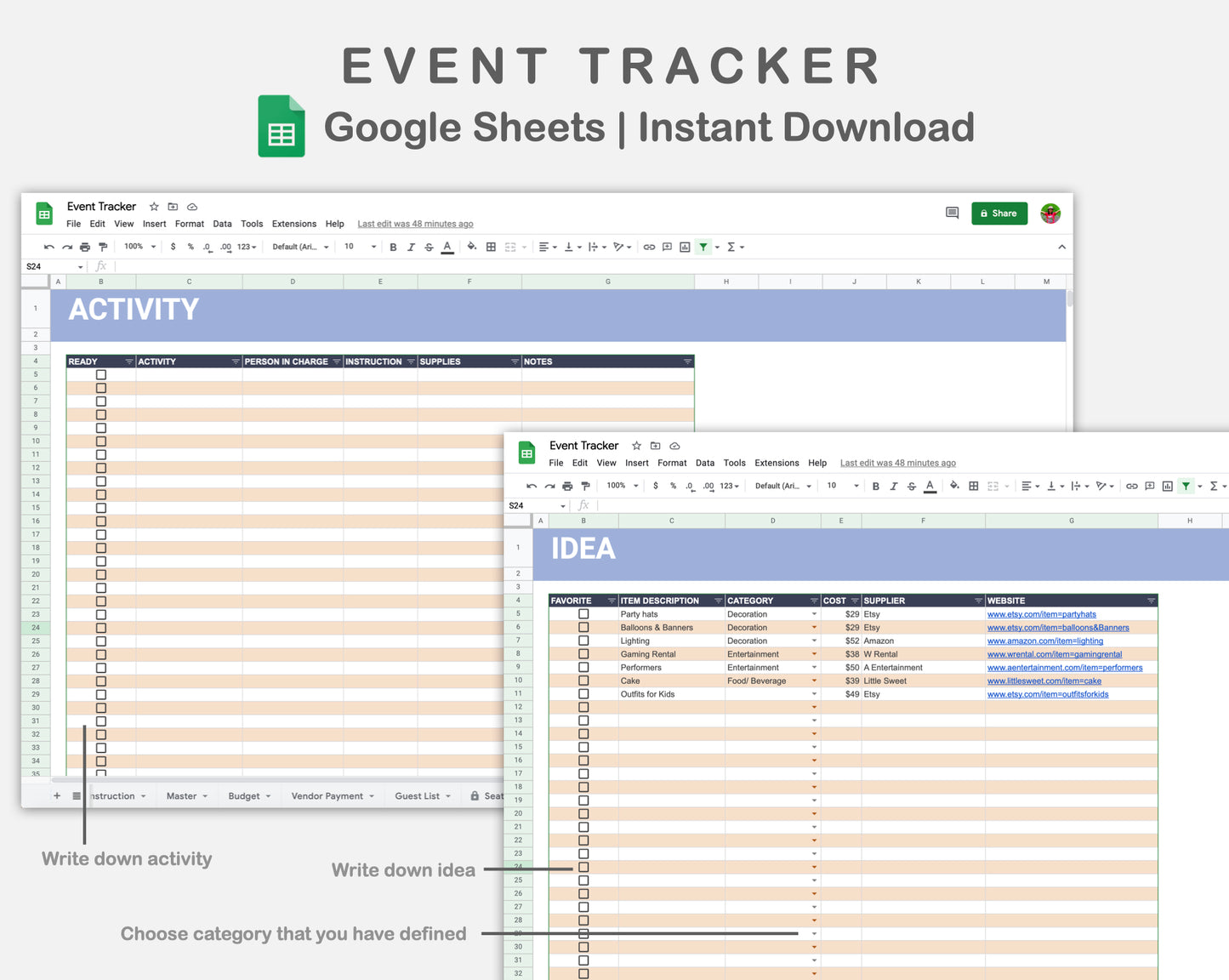 Google Sheets - Event Planner - Sweet