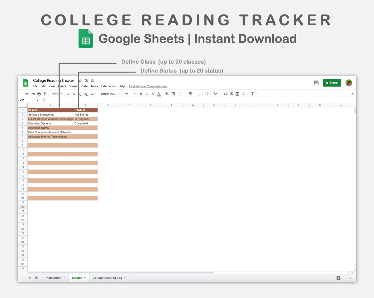 Google Sheets - College Reading Tracker - Boho