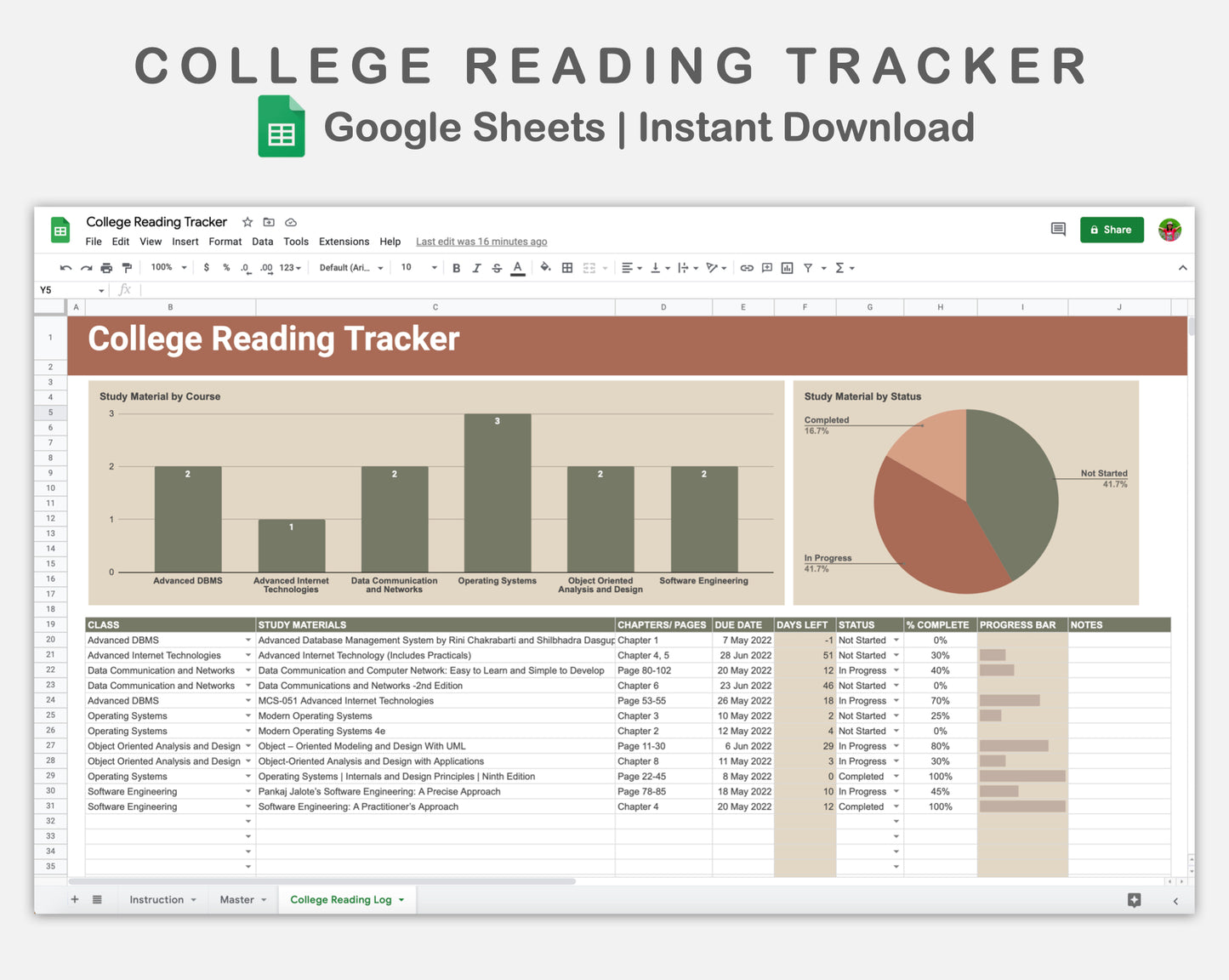 Google Sheets - College Reading Tracker - Earthy