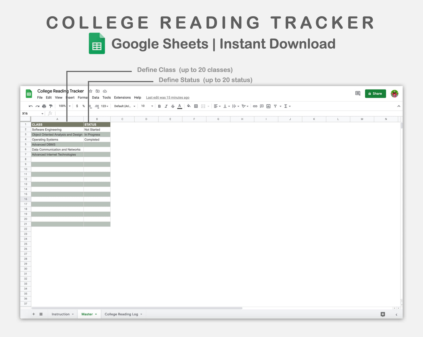 Google Sheets - College Reading Tracker - Earthy