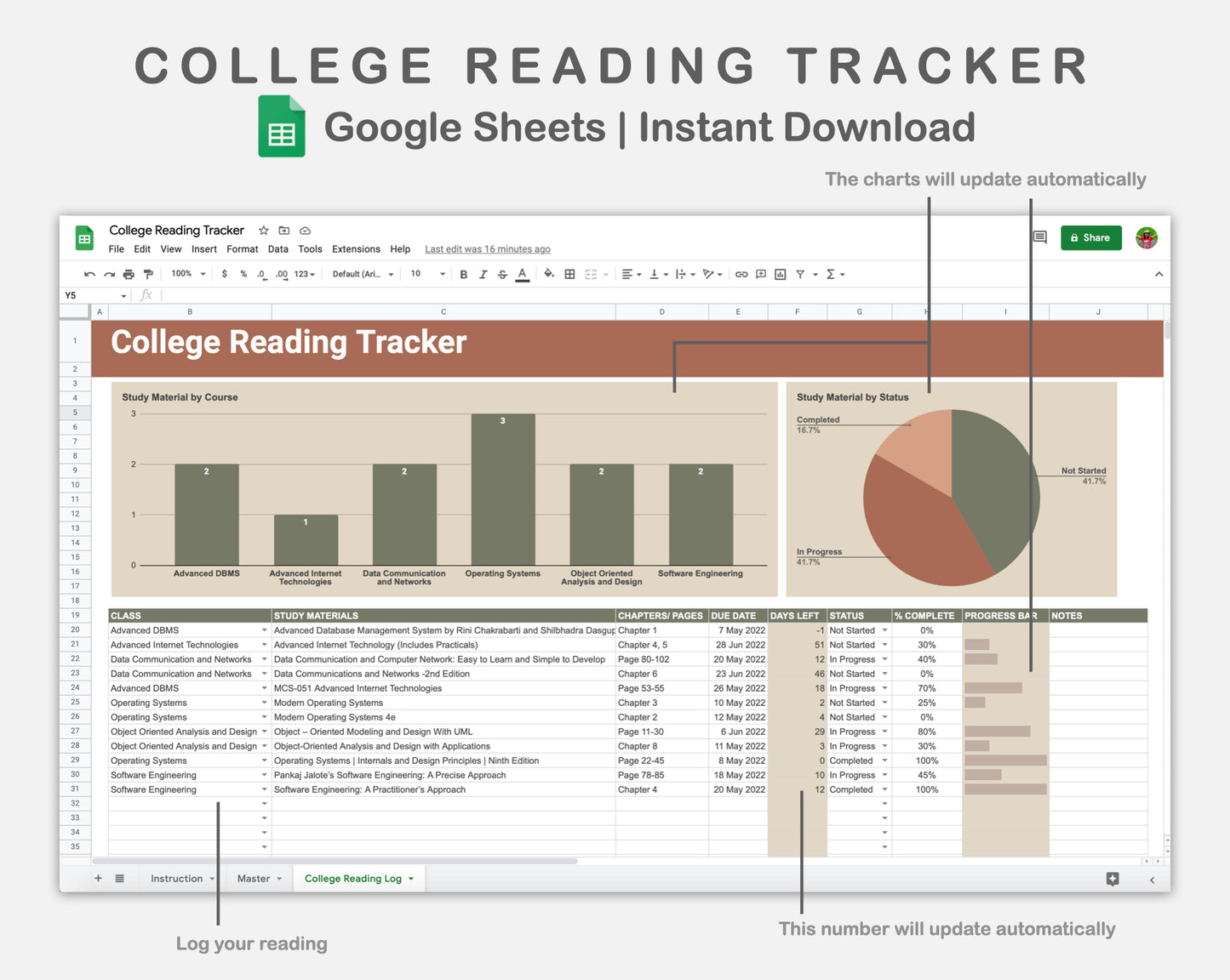 Google Sheets - College Reading Tracker - Earthy