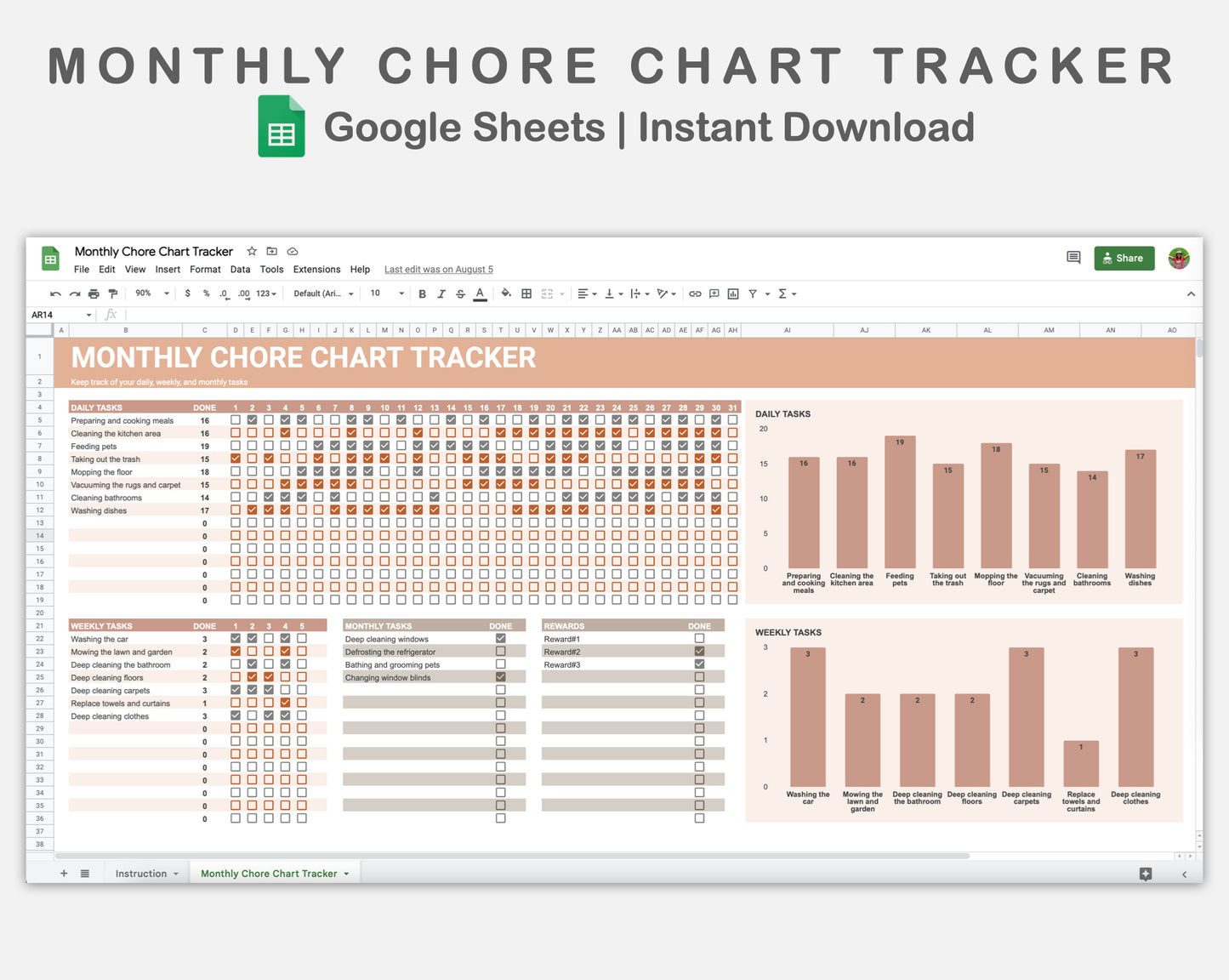 Google Sheets - Monthly Chore Chart Tracker - Neutral