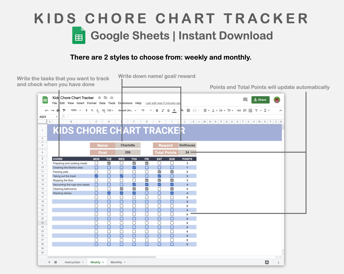 Google Sheets - Kids Chore Chart Tracker - Sweet – kjunstudio