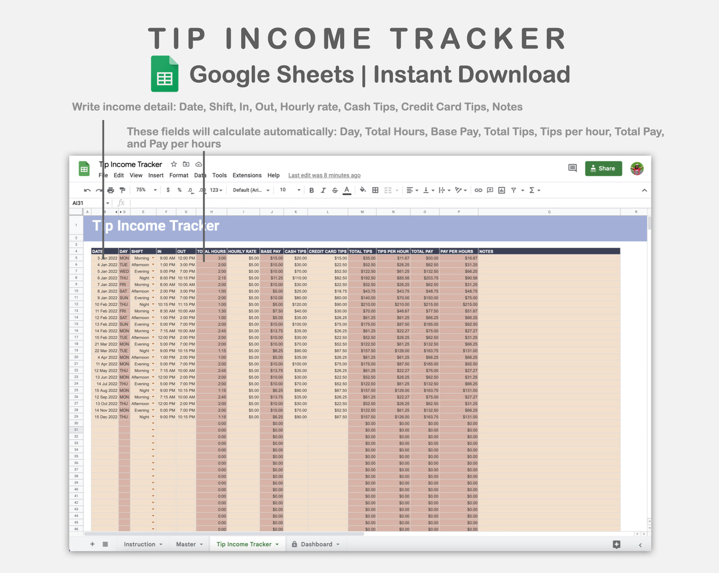 Google Sheets - Tip Income Tracker - Sweet