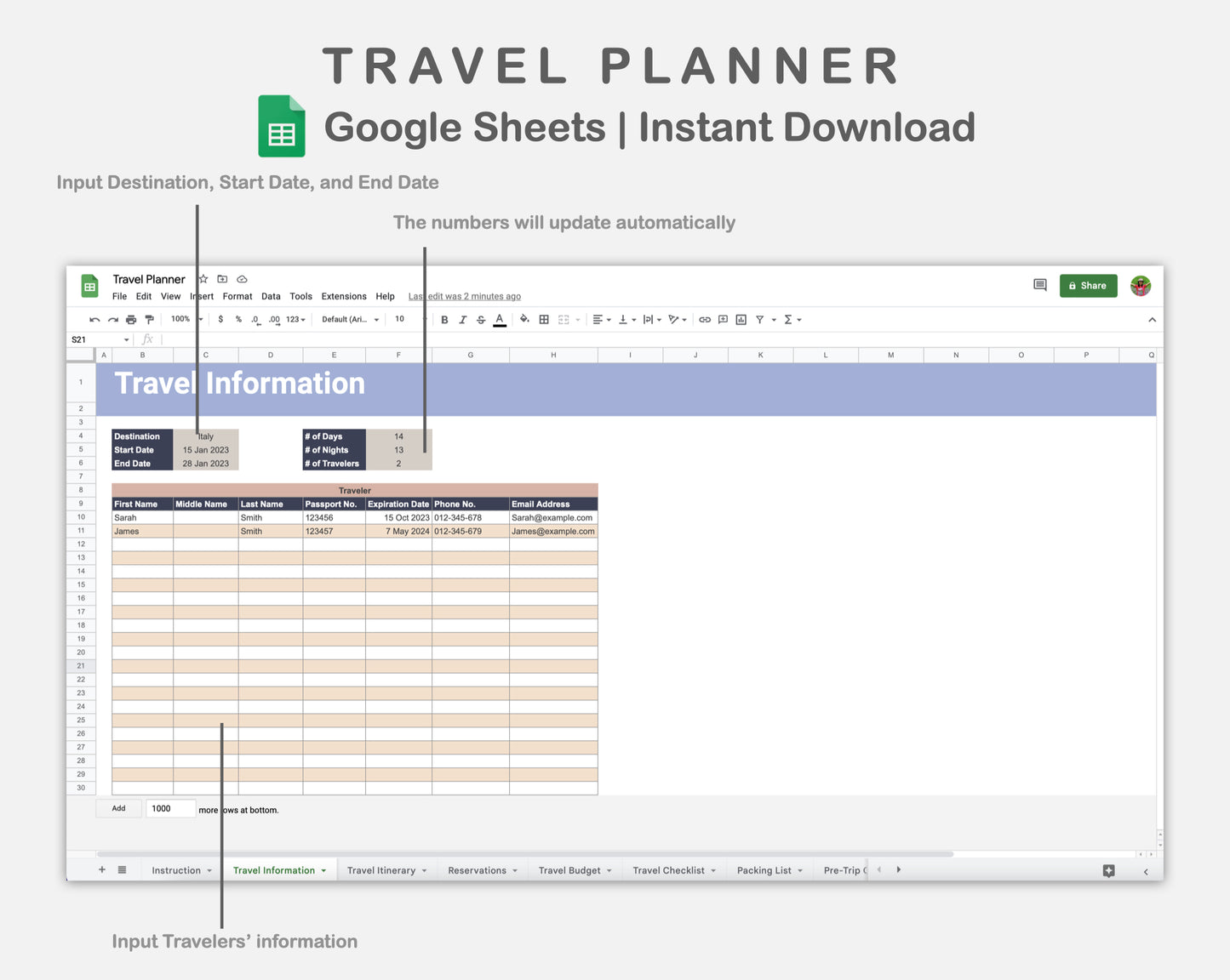 Google Sheets - Travel Planner  - Sweet