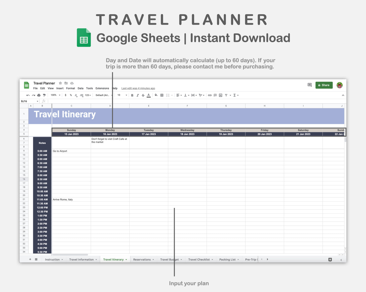 Google Sheets - Travel Planner  - Sweet