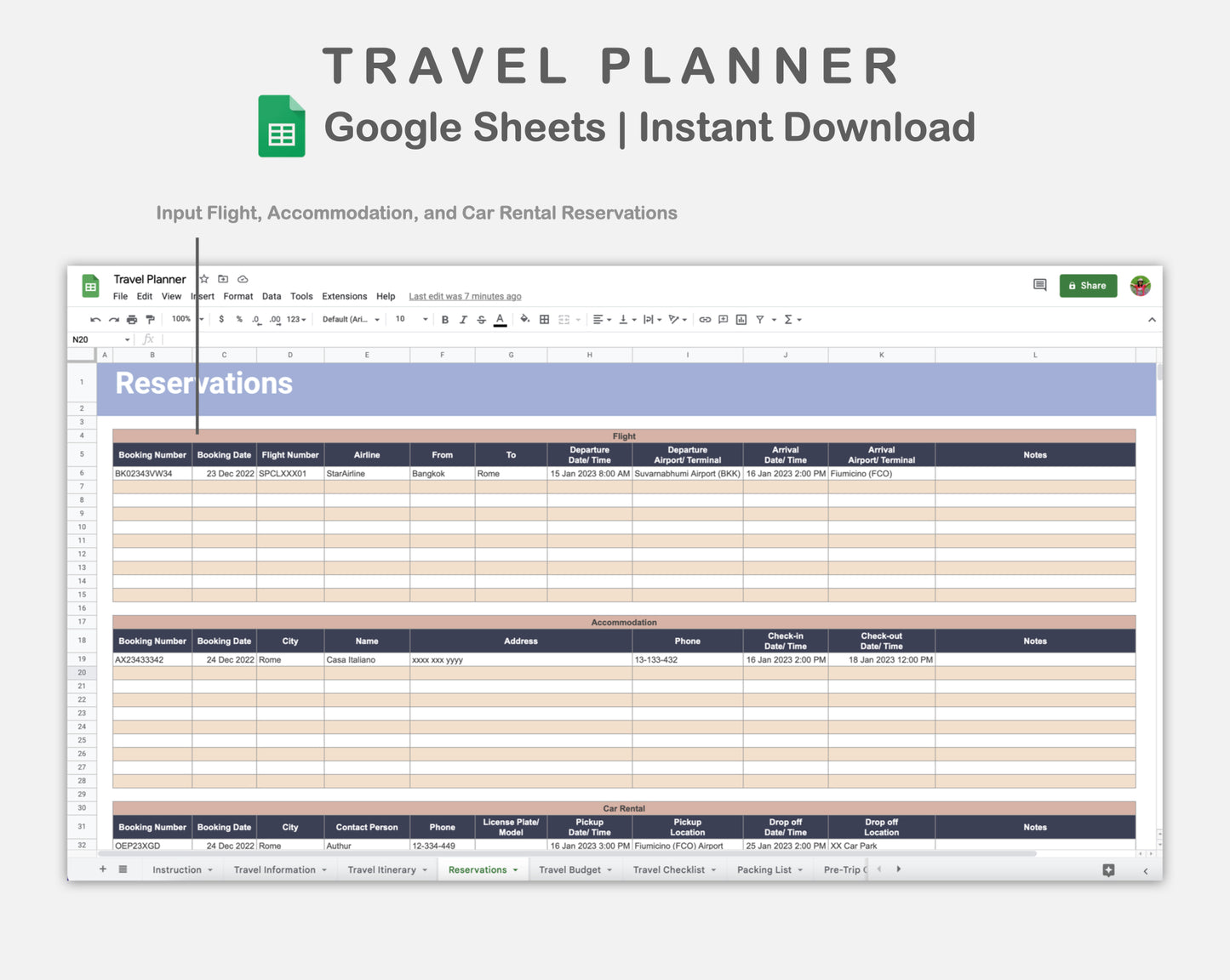 Google Sheets - Travel Planner  - Sweet