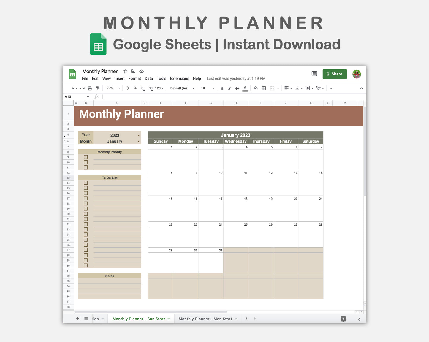 Google Sheets - Monthly Planner - Earthy