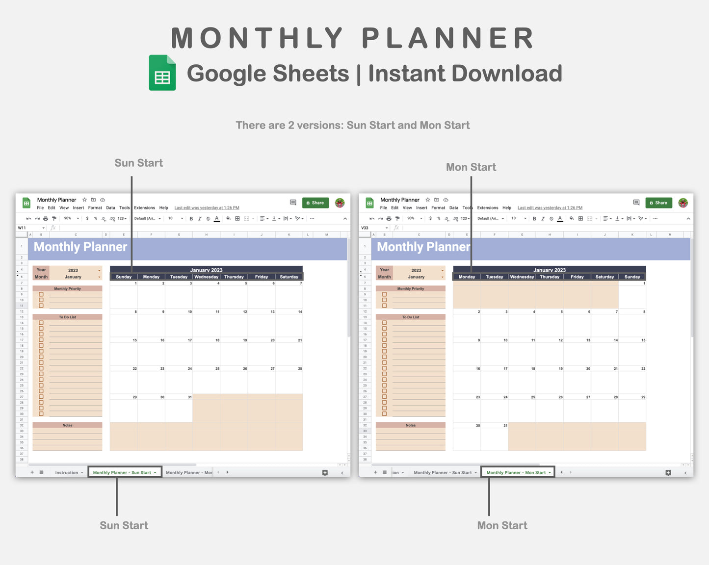 Google Sheets - Monthly Planner - Sweet