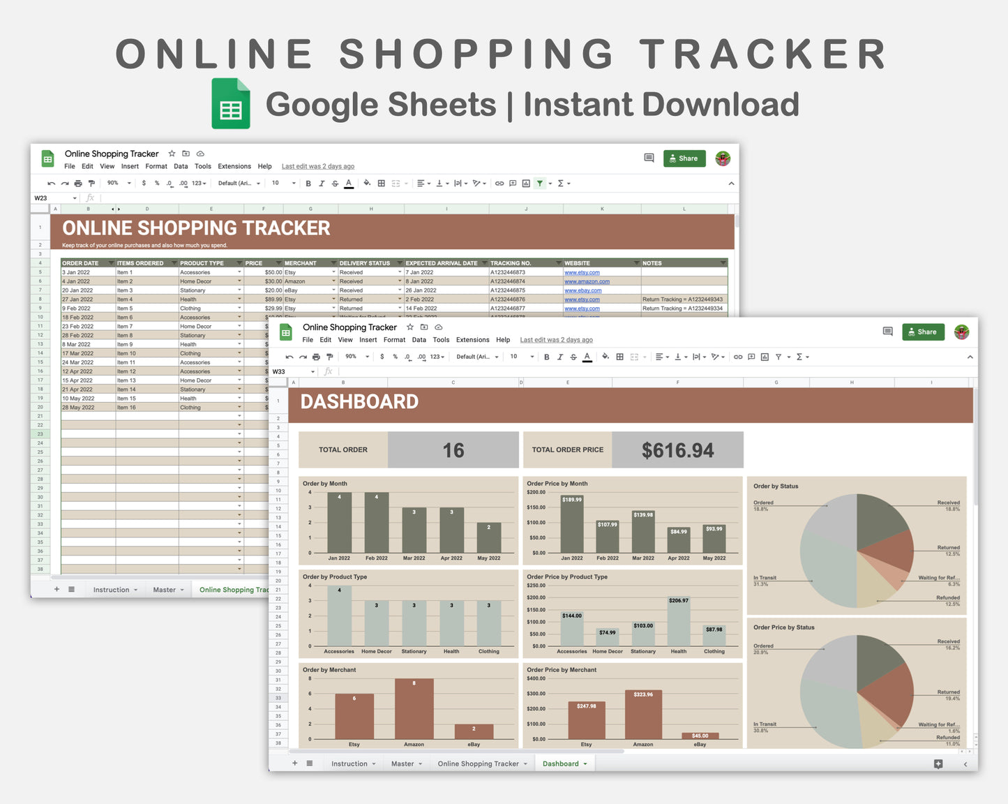 Google Sheets - Online Shopping Tracker - Earthy