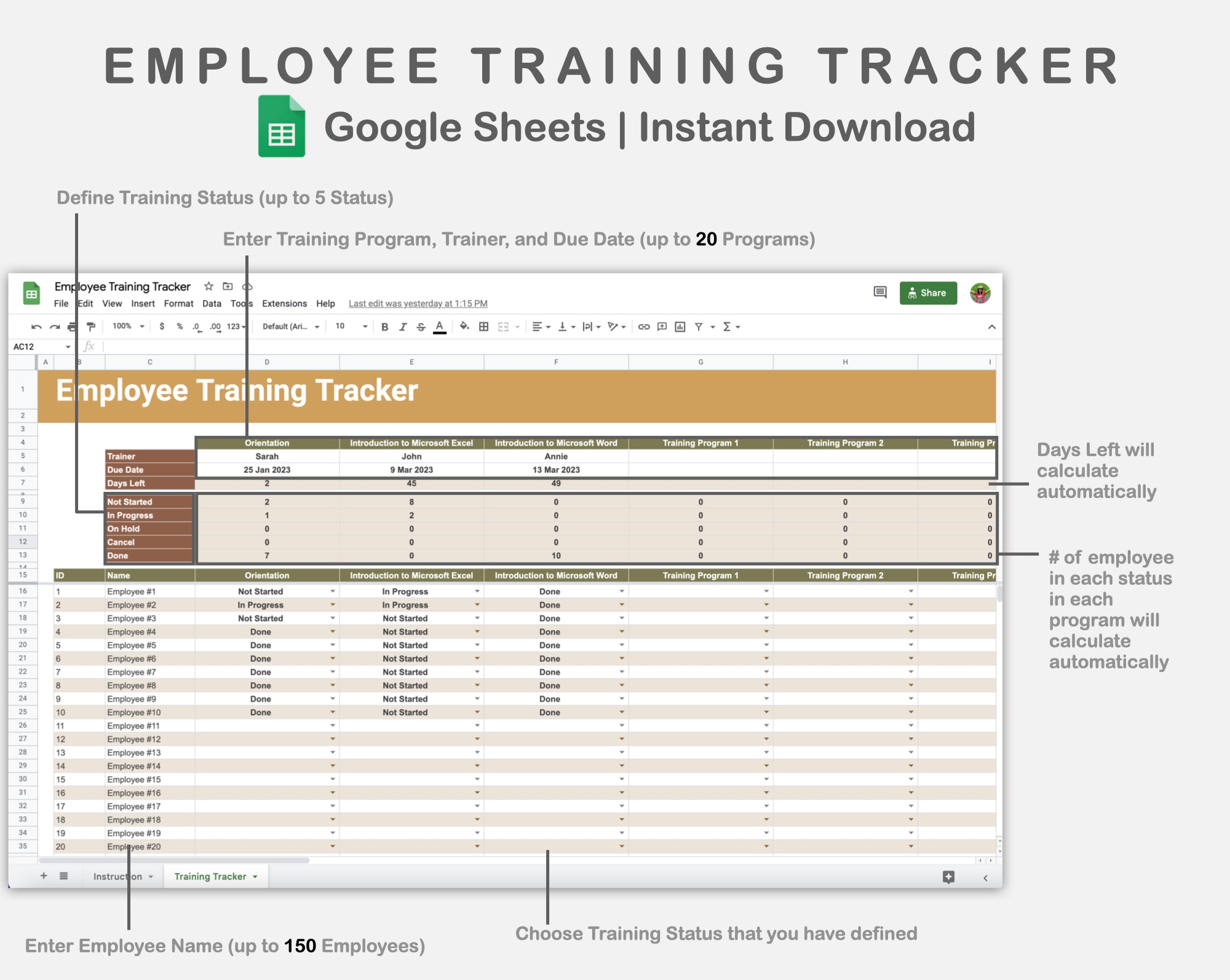 Google Sheets - Employee Training Tracker - Boho – Kjunstudio