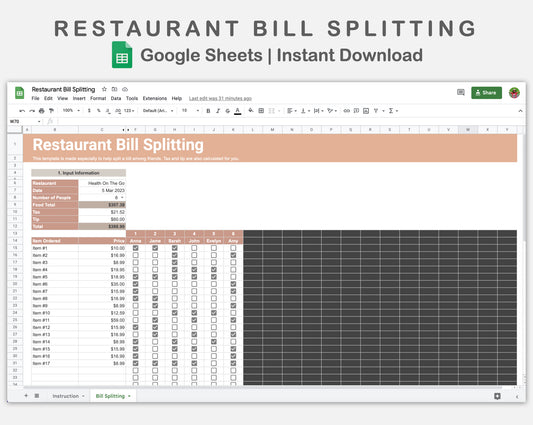 Google Sheets - Restaurant Bill Splitting - Neutral