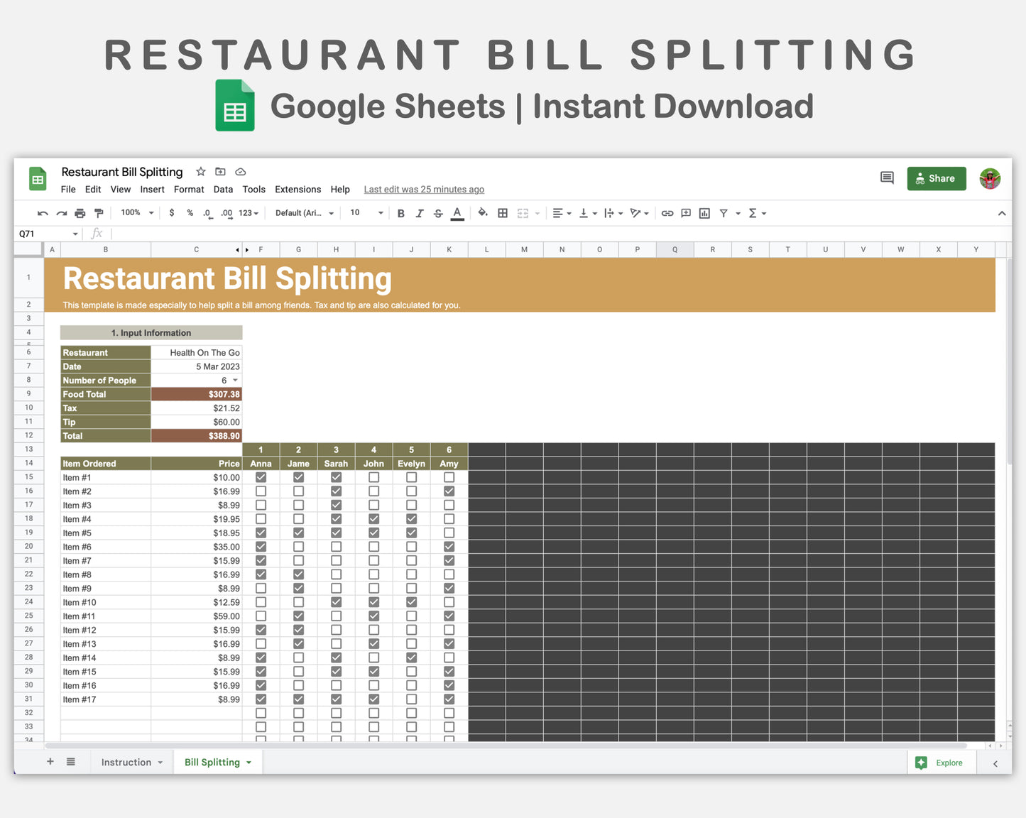 Google Sheets - Restaurant Bill Splitting - Boho