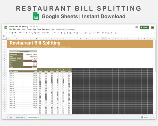 Google Sheets - Restaurant Bill Splitting - Boho