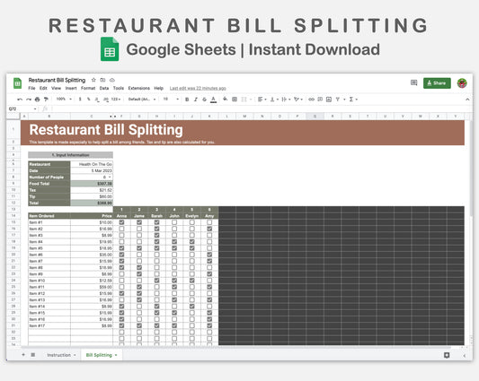 Google Sheets - Restaurant Bill Splitting - Earthy