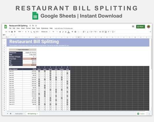 Google Sheets - Restaurant Bill Splitting - Sweet