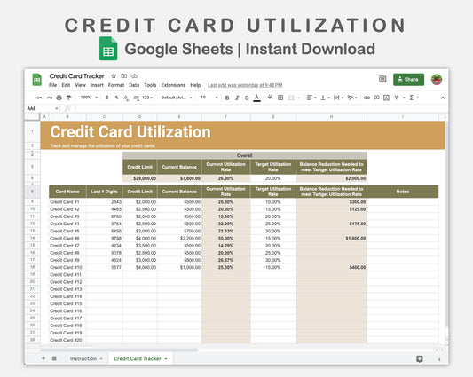 Google Sheets - Credit Card Utilization - Boho