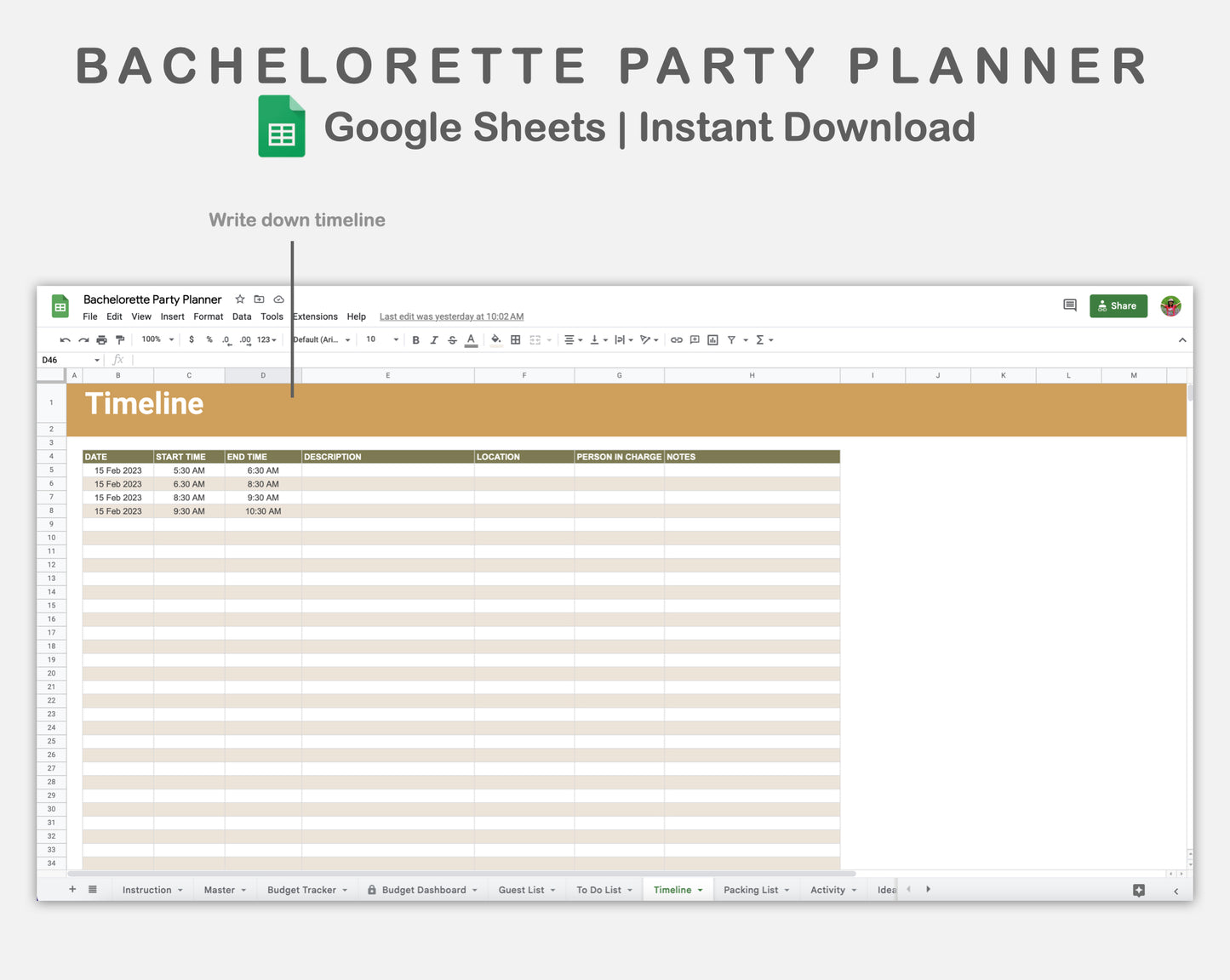 Google Sheets - Bachelorette Party Planner - Boho