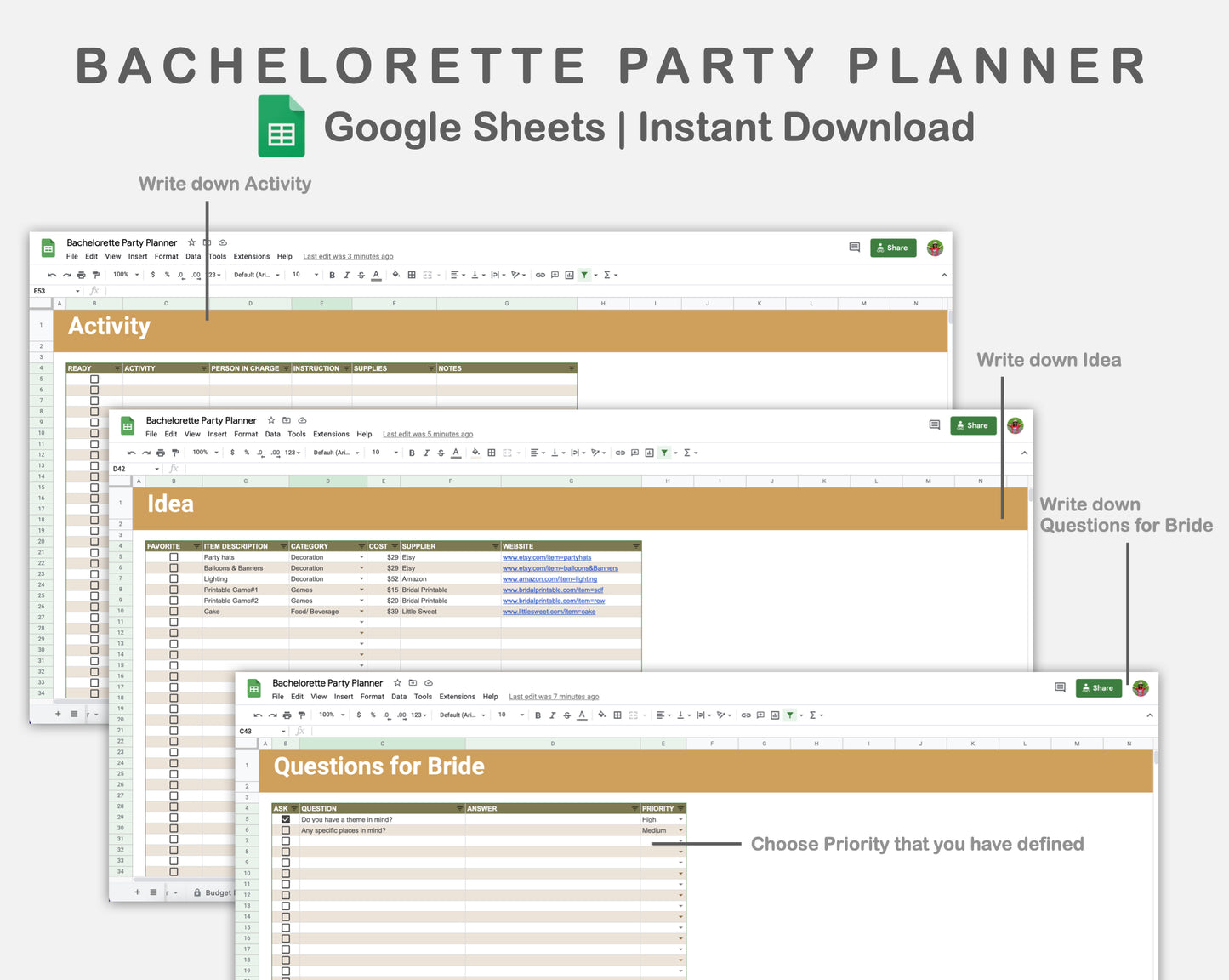 Google Sheets - Bachelorette Party Planner - Boho