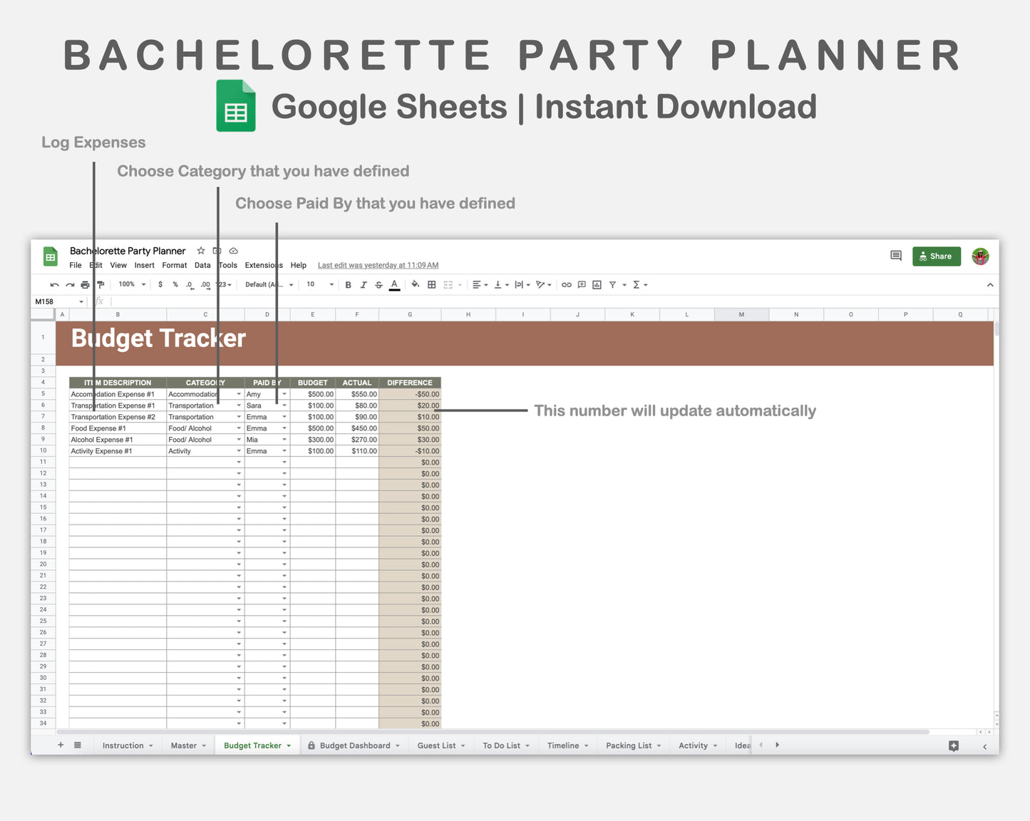 Google Sheets - Bachelorette Party Planner - Earthy