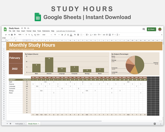 Google Sheets - Study Hours - Boho