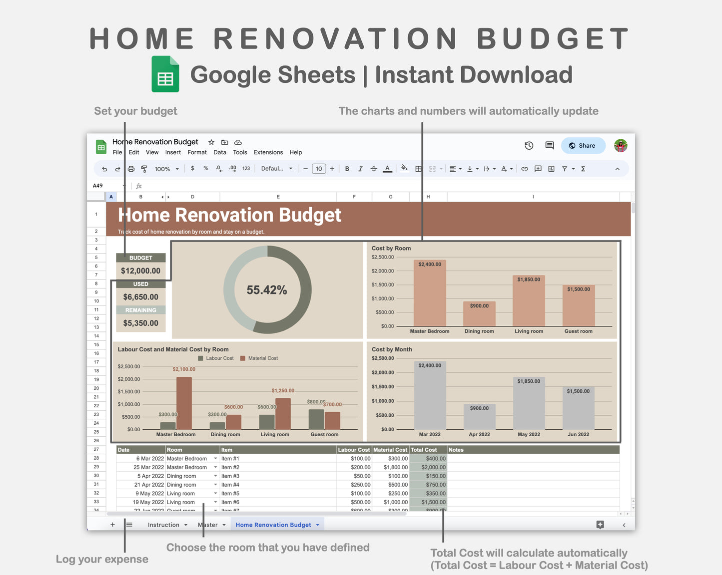 Google Sheets - Home Renovation Budget - Earthy